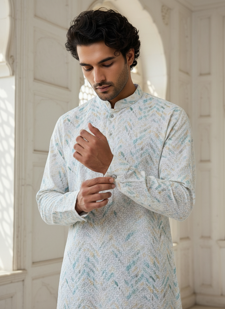 Festive Cotton Brown Kurtha with Zari Pattern and Classic White Pajama