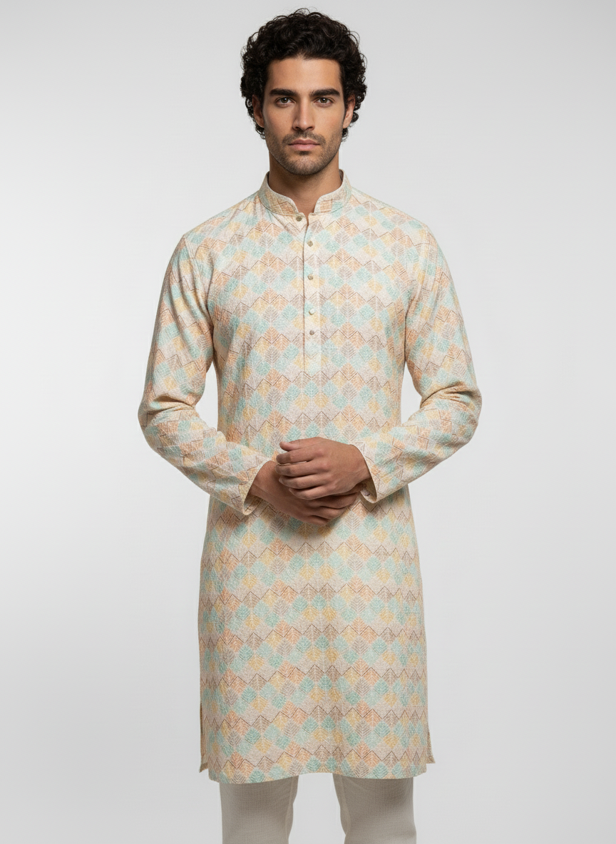 Adhiraj Classic Cotton Print Thread Work Kurta | Festive Collection