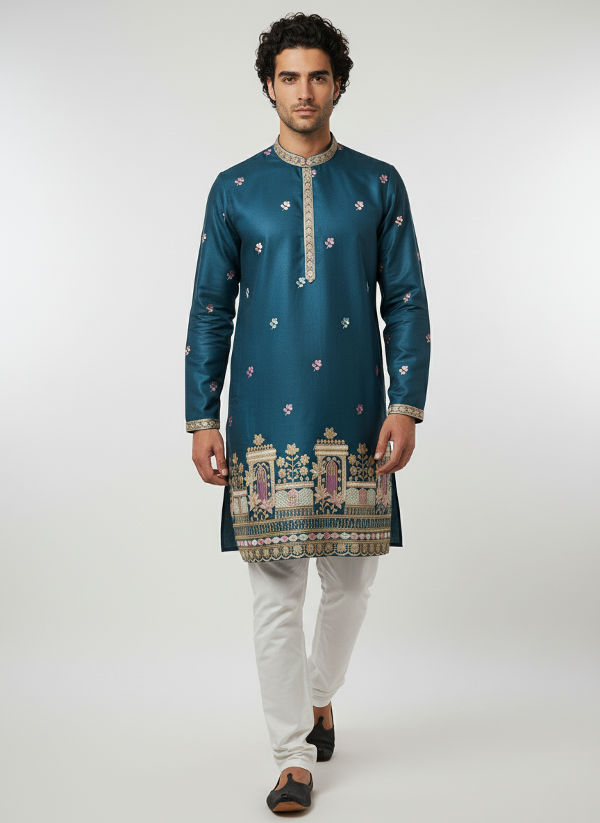 Designer Silk Embroidered Kurta | Regal Look for Special Occasions | Ideal for Festivals, Receptions & Traditional Events
