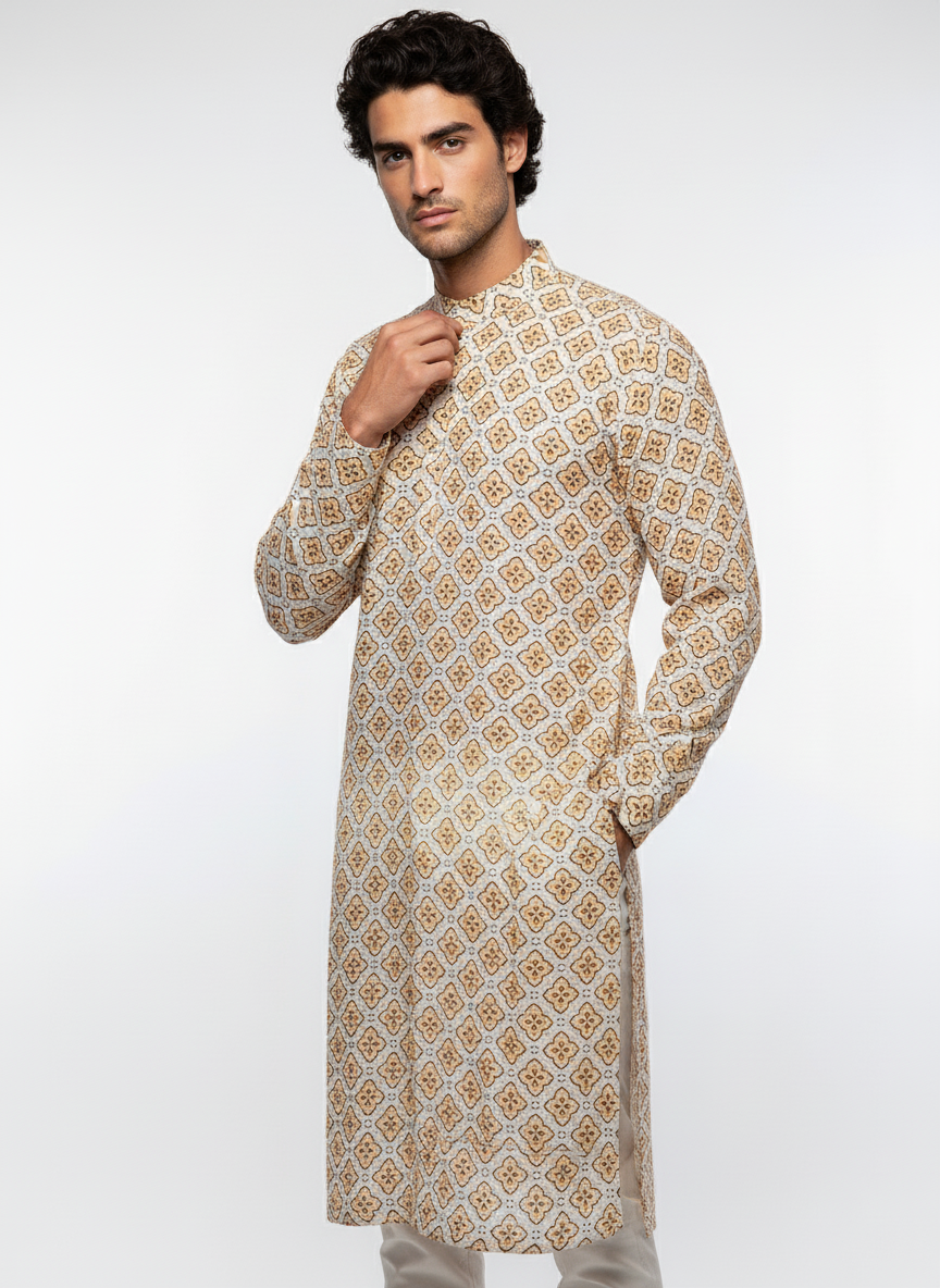 Adhiraj Classic Cotton Print Thread Work Kurta | Festive Collection