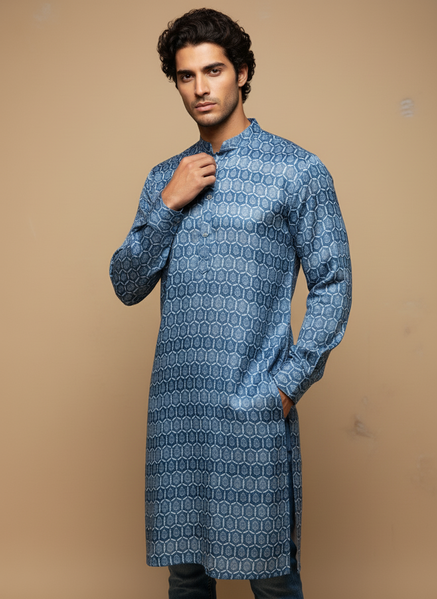 Classic Blue Cotton Kurtha with Zari And White Pajama - Long Kurtha