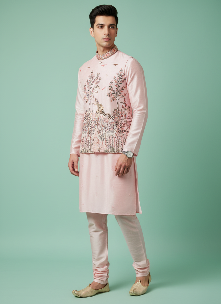 pastel pink  silk kurta with embroidered nehu jacket. wedding outfit for men. rajasthani traditional look. groom ethnic wear. indian traditional wear