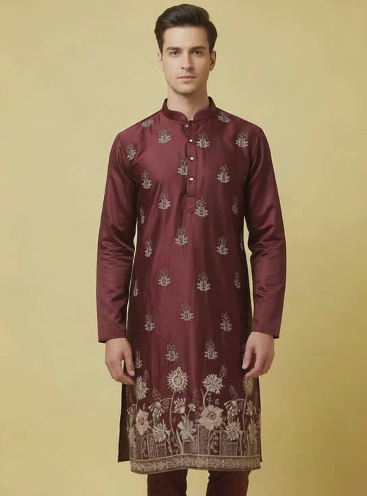 wine colour cotton satin kurta pajama set, embroidery kurta set for men, Delhi traditional dress male, ethnic dress for groom, traditional indian dress for men