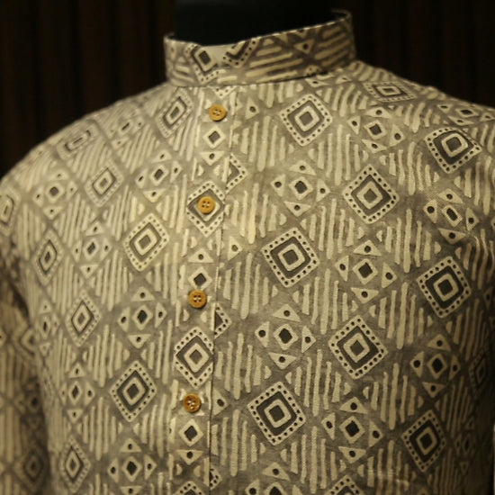 printed cotton kurta, puja outfits for men, traditional indian wear for men, ganpati kurta pajama, men's occasion wear india, grey kurta pajama