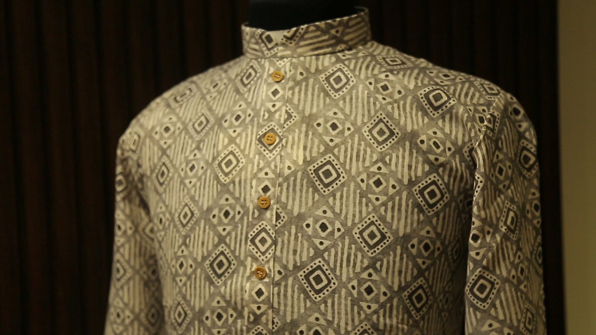 printed cotton kurta, puja outfits for men, traditional indian wear for men, ganpati kurta pajama, men's occasion wear india, grey kurta pajama