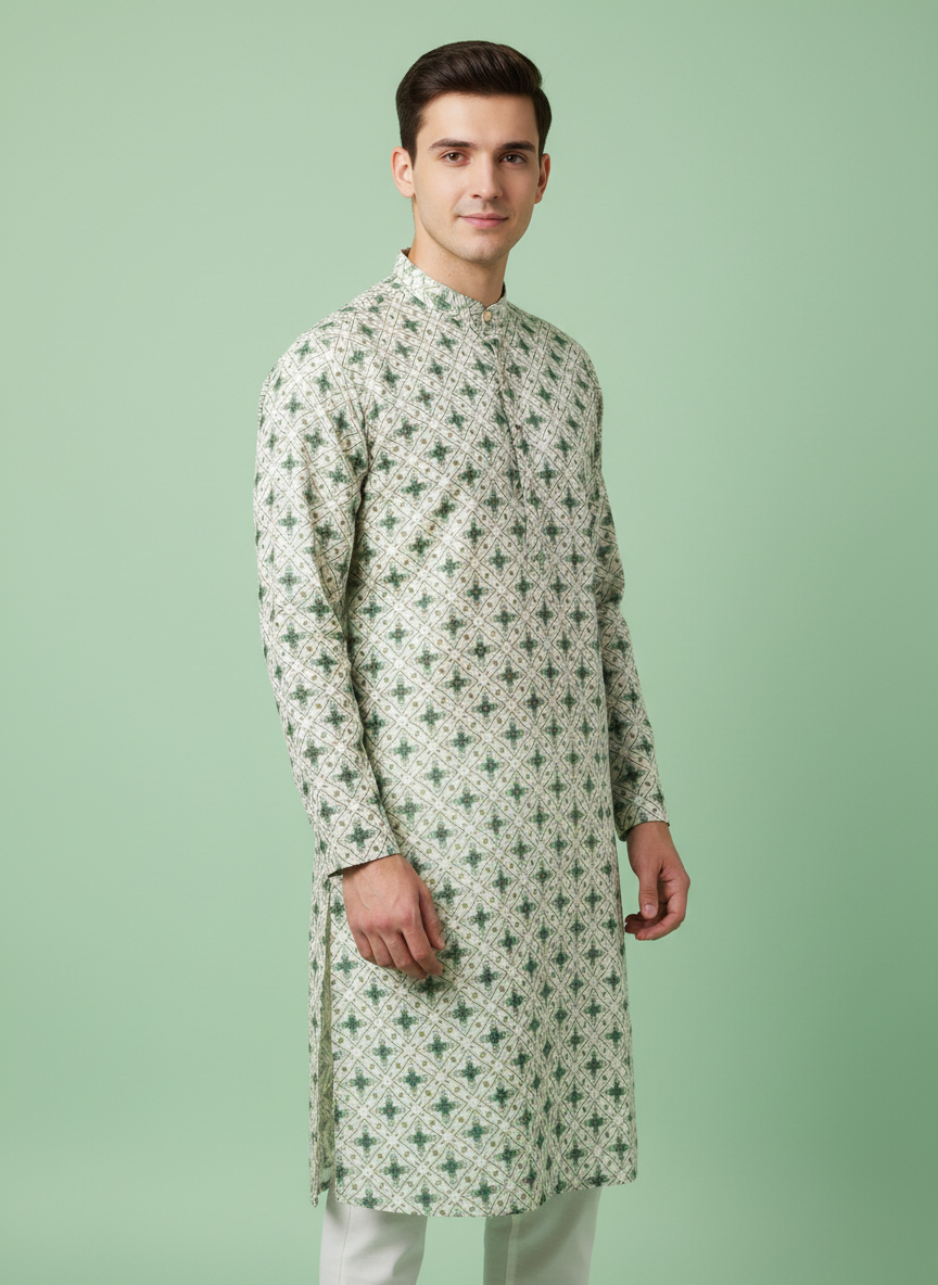Adhiraj Classic Cotton Print Thread Work Kurta | Festive Collection