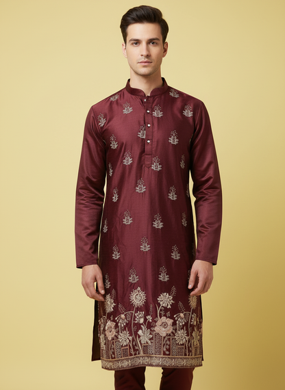wine colour cotton satin kurta pajama set, embroidery kurta set for men, Delhi traditional dress male, ethnic dress for groom, traditional indian dress for men